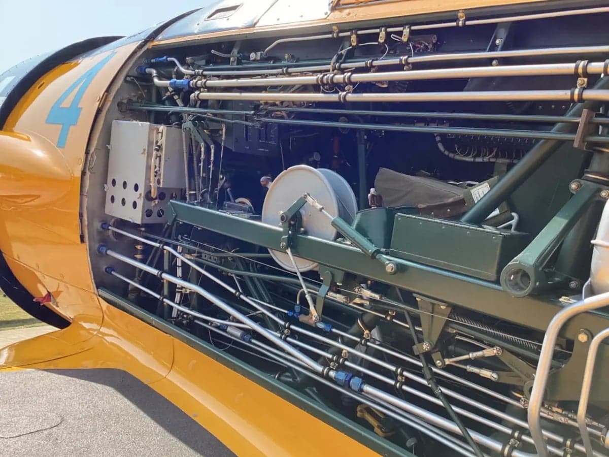 Internal view of the T-6 Texan's fuselage showing the aircraft's structure and components.