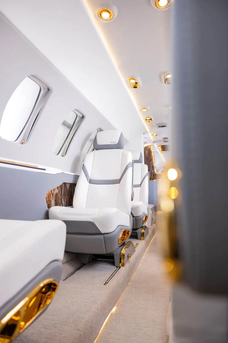 A view down the aisle of the Citation CJ3 cabin.