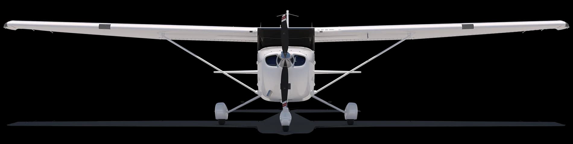 A white Cessna Skyhawk aircraft on a black background, front view.