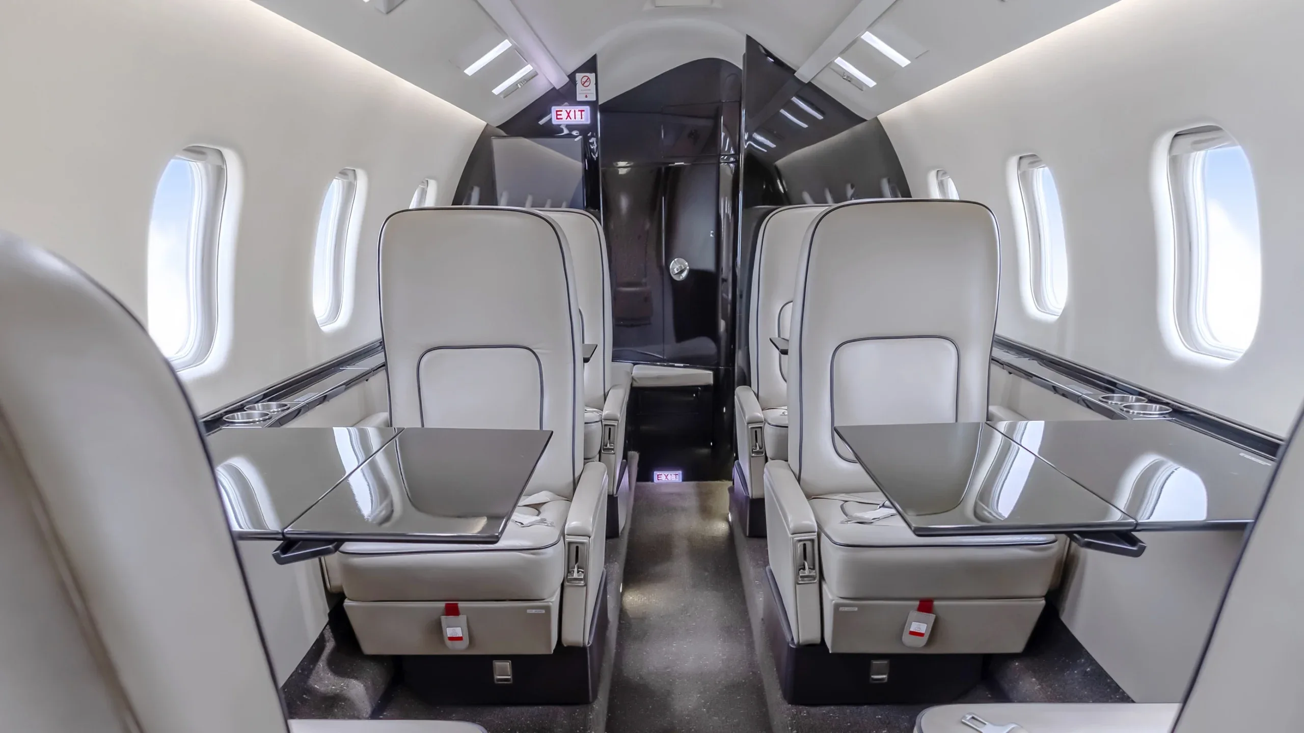 View of the aircraft interior with leather seats and tables.