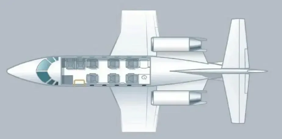 Overhead diagram of an aircraft showing the cabin layout.