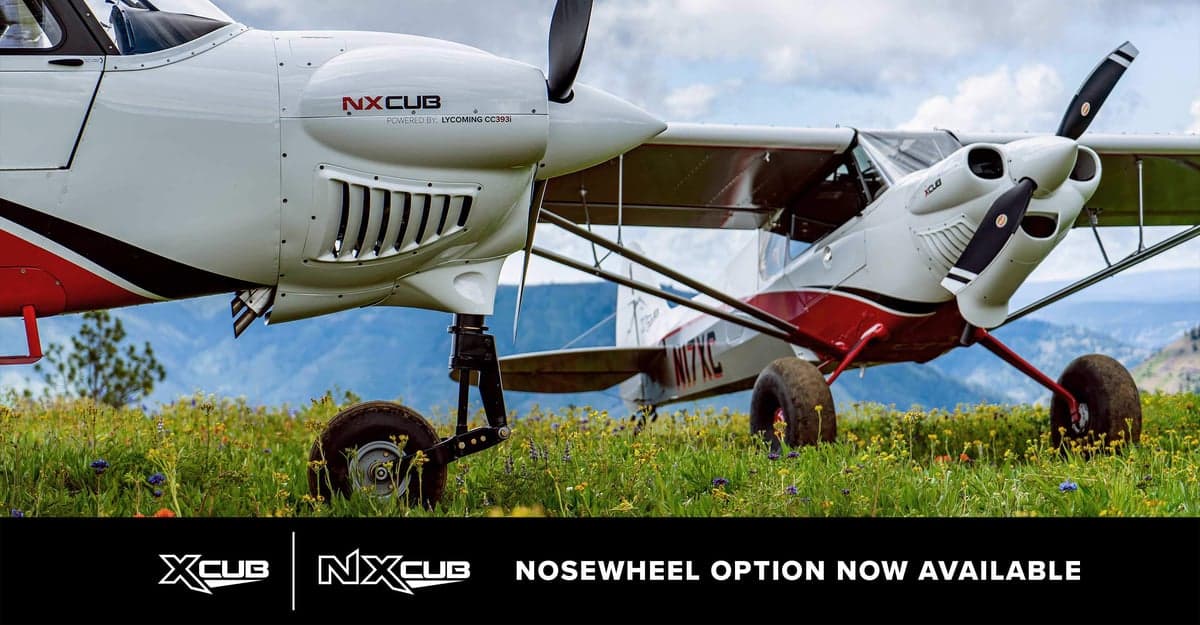 Two XCub aircraft are parked in a field with the Xcub logo and nosewheel option text.