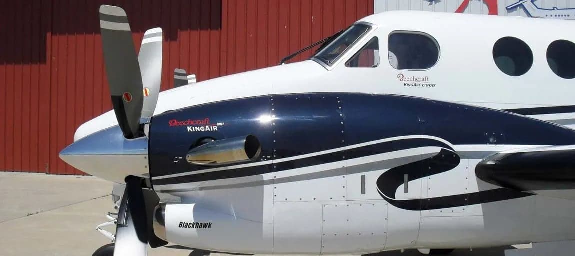 Close up of the nose of a Beechcraft King Air C90B aircraft with Blackhawk modification.