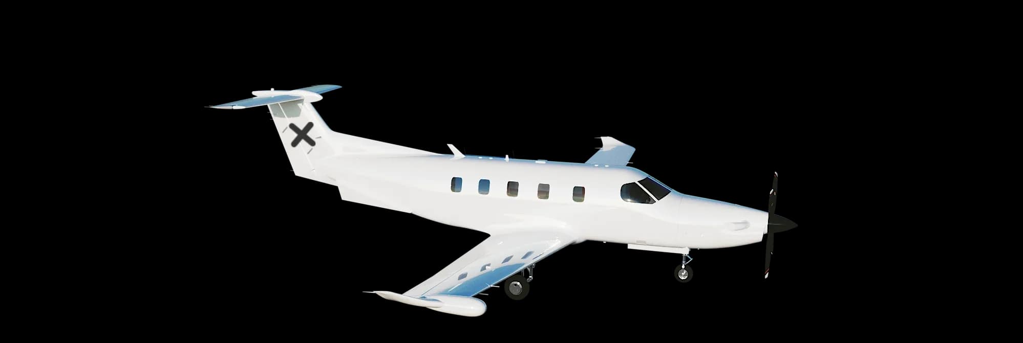 A rendering of a white Pilatus PC-12 turboprop aircraft against a black background.