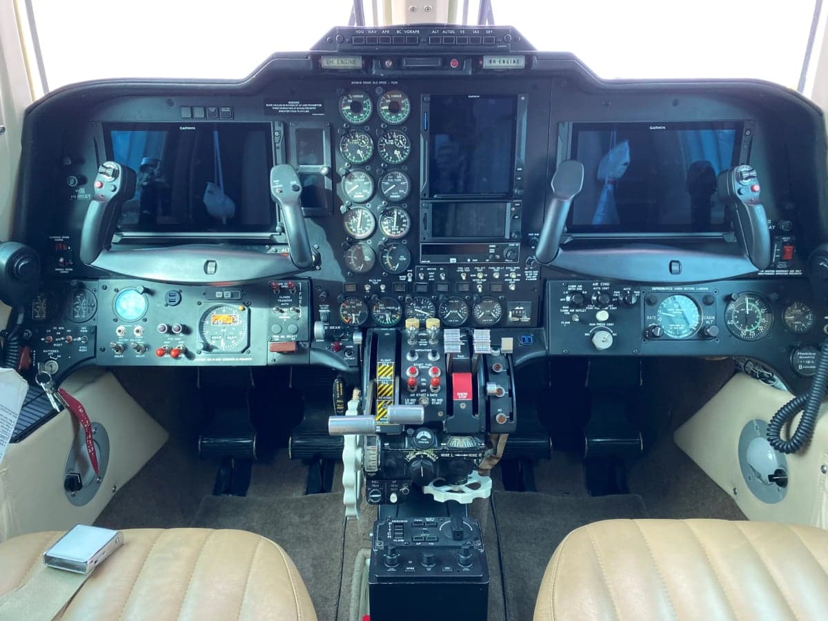 View of the instrument panel in the cockpit of the Mitsubishi MU-300 Diamond.