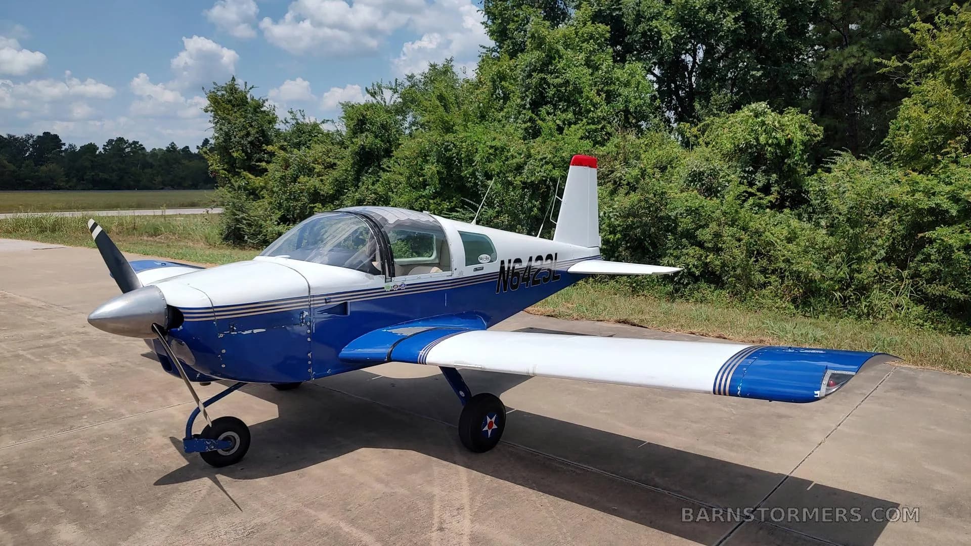 A white and blue American Aviation AA-1 Yankee aircraft with registration N6423L, viewed from the front-left, parked on an asphalt surface with trees in the background.