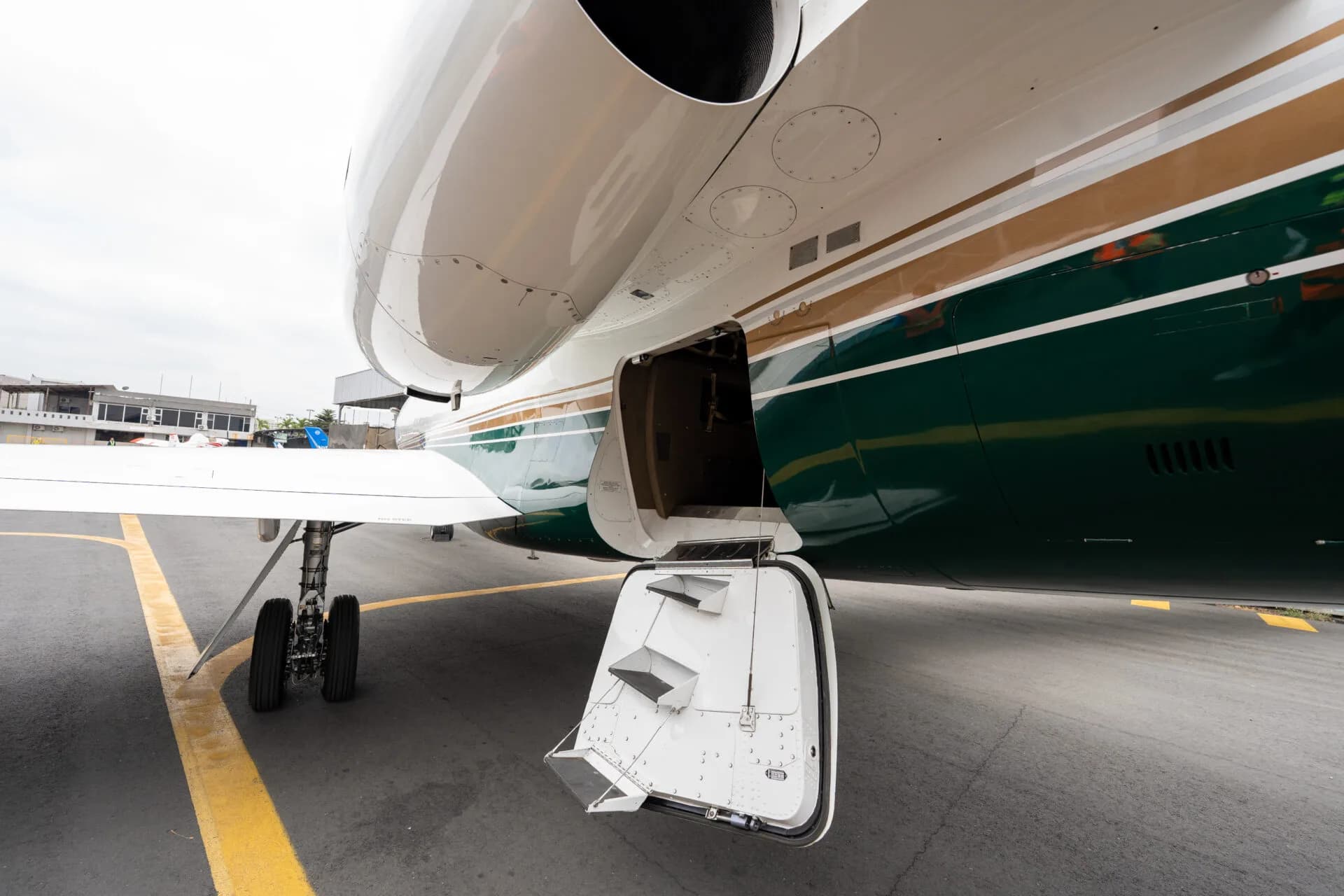 A close-up view of the underside of a white and green private jet with an open cargo compartment door.