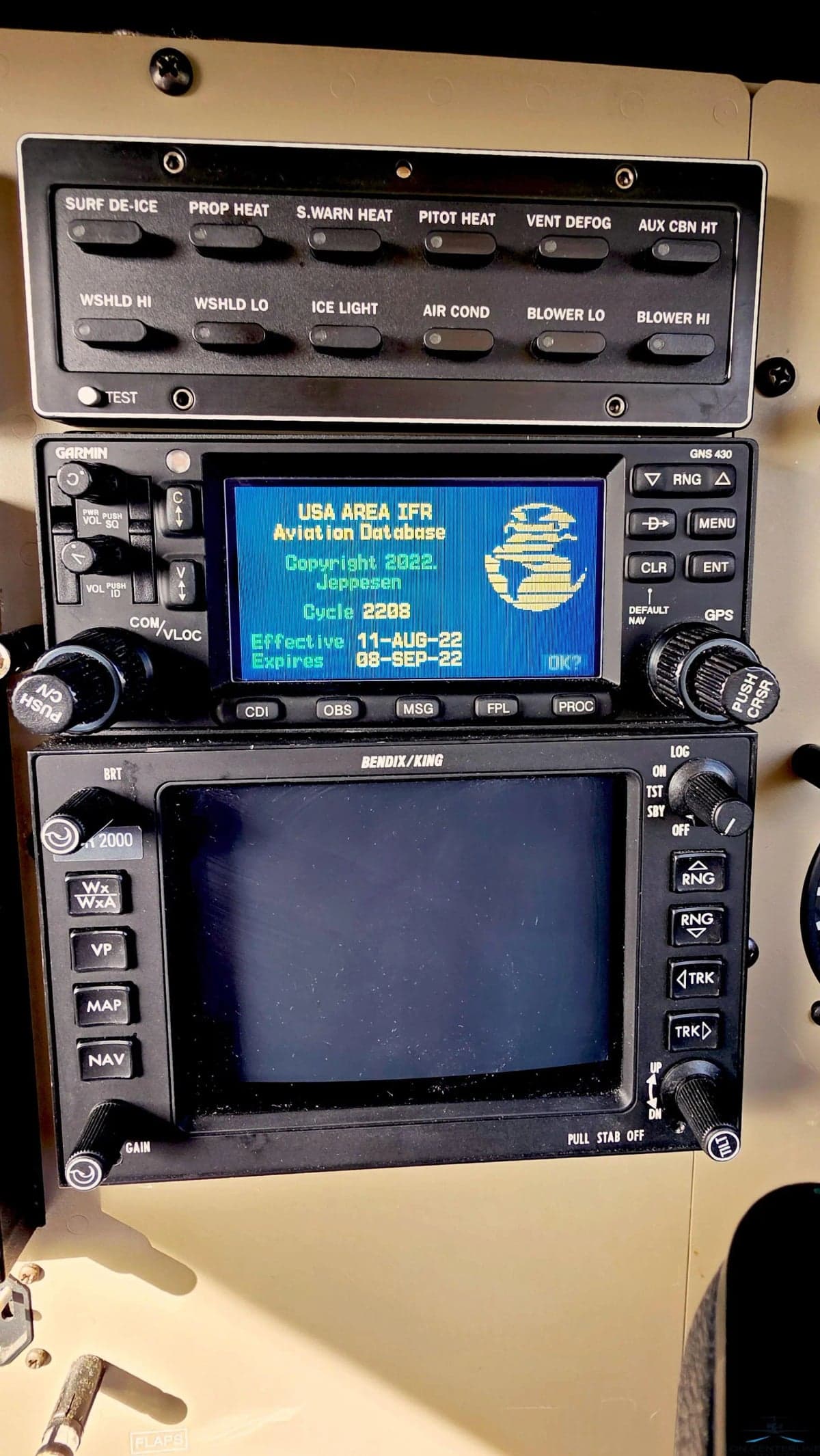 Garmin GNS 430 and Bendix/King avionics in the cockpit.