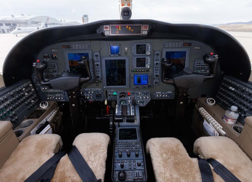 The cockpit of the aircraft features a full suite of avionics and controls.