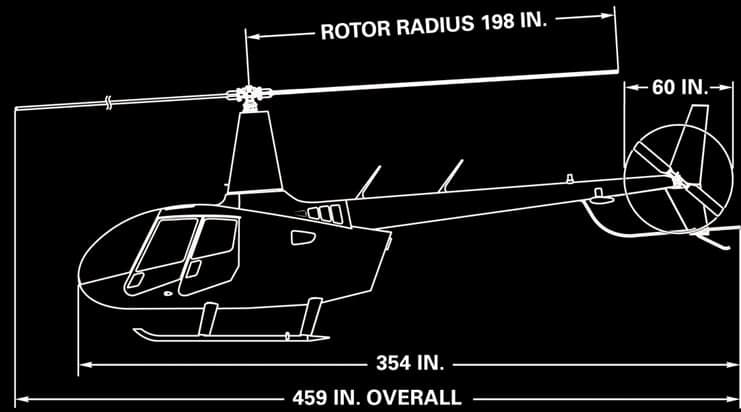 A diagram of a helicopter with measurements.