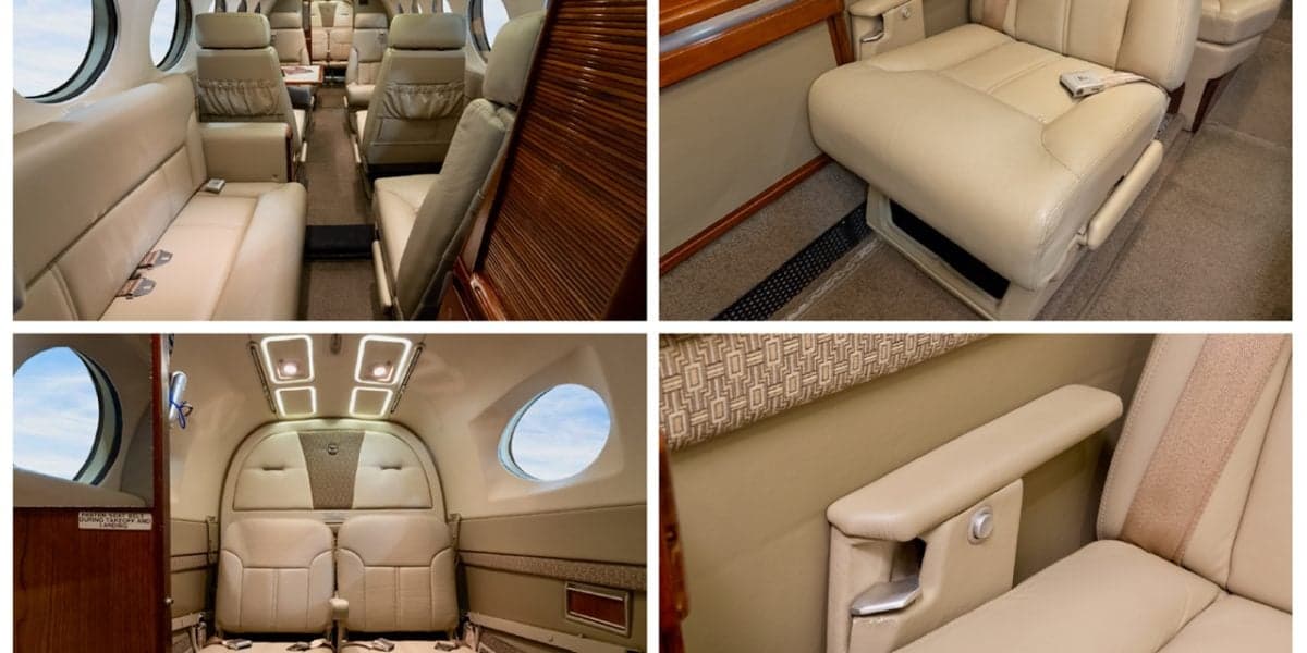 A collage of four detailed views of the beige leather interior cabin of a Beechcraft King Air, N508SK.