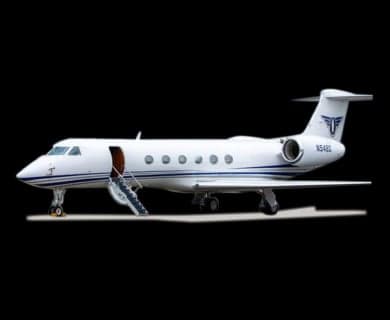 Side view of a white aircraft with red stripes against a black background.