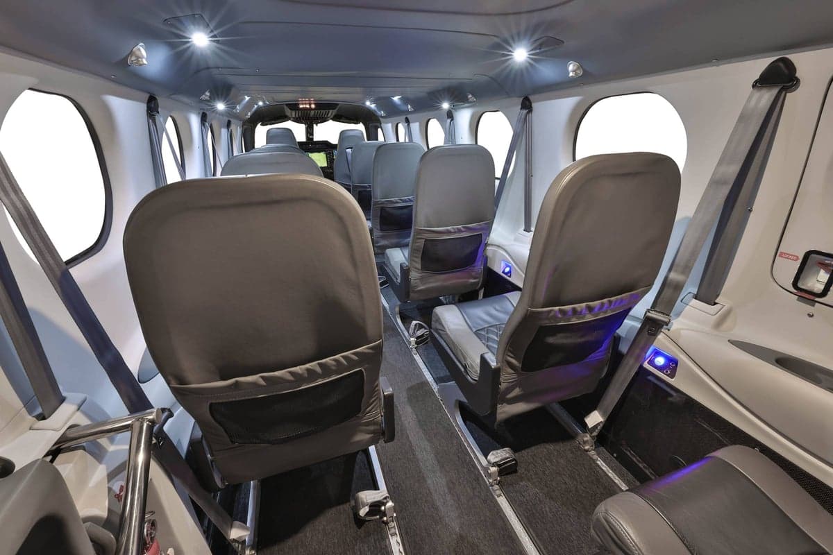 View of the aircraft's cabin interior with passenger seats.