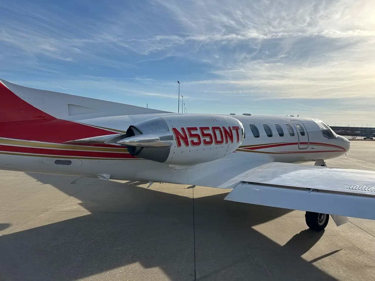 Close-up of the tail and engine of Cessna Citation CJ1+ aircraft N550NT.