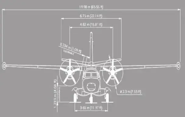 A front view diagram of the aircraft with measurements.