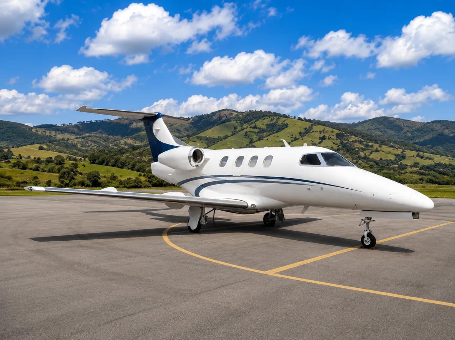 A white private jet with blue accents on the tail and fuselage, parked on an asphalt runway with green hills and a blue sky with clouds in the background.