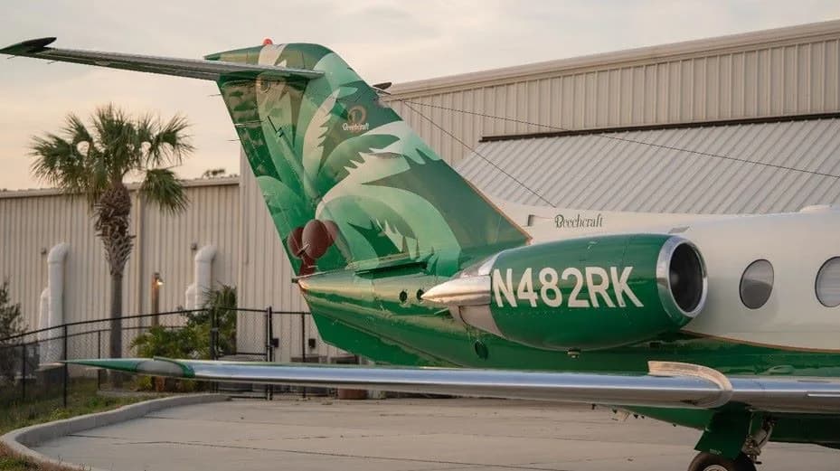 Tail section of a Beechcraft Premier 400A with a green palm tree design and registration N482RK.