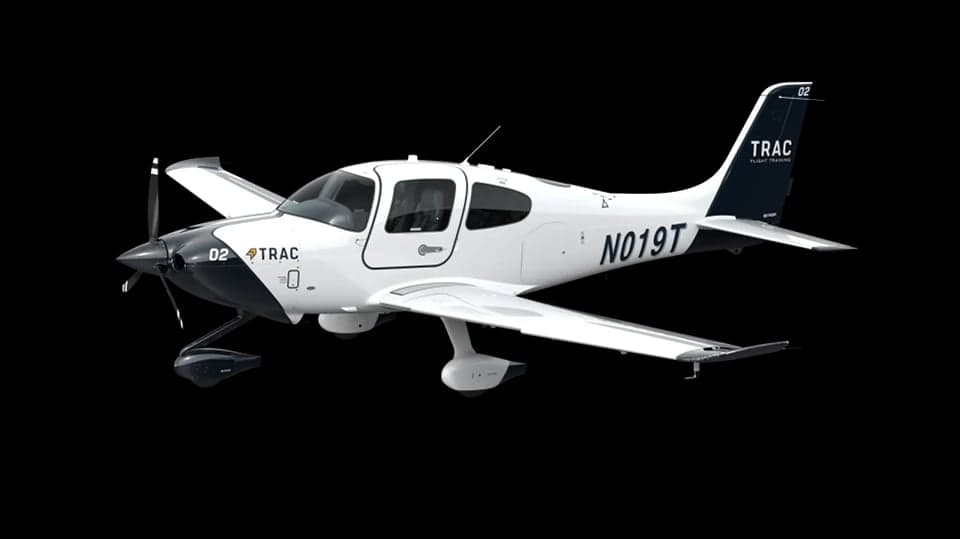 A rendering of a white and black Cirrus TRAC aircraft.