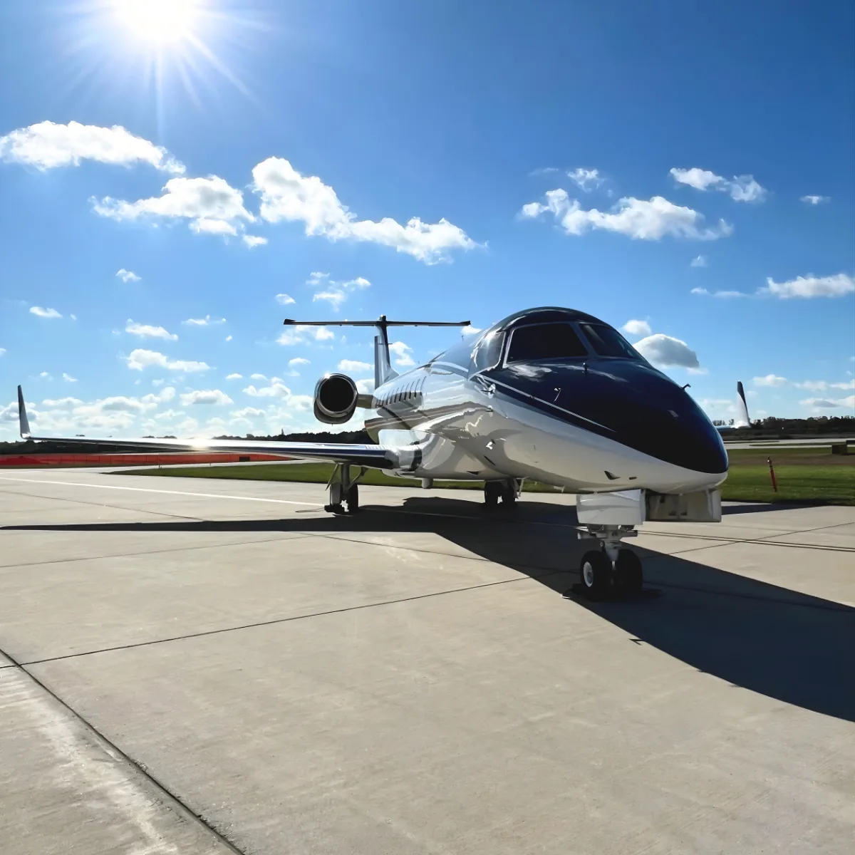 A sleek business jet with a dark blue nose and metallic silver fuselage is parked on a sunny tarmac under a blue sky.