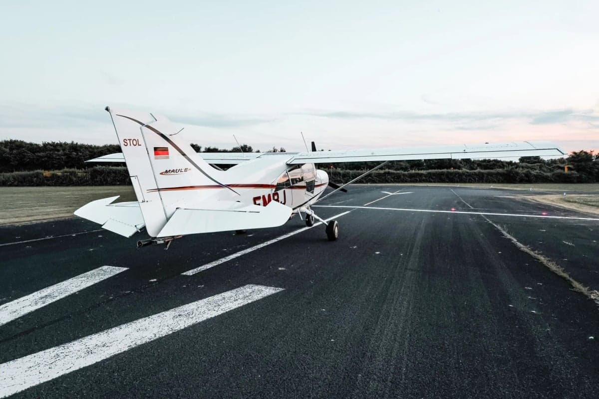 Rear three-quarter view of the D-EMBJ Maule STOL aircraft on the tarmac.