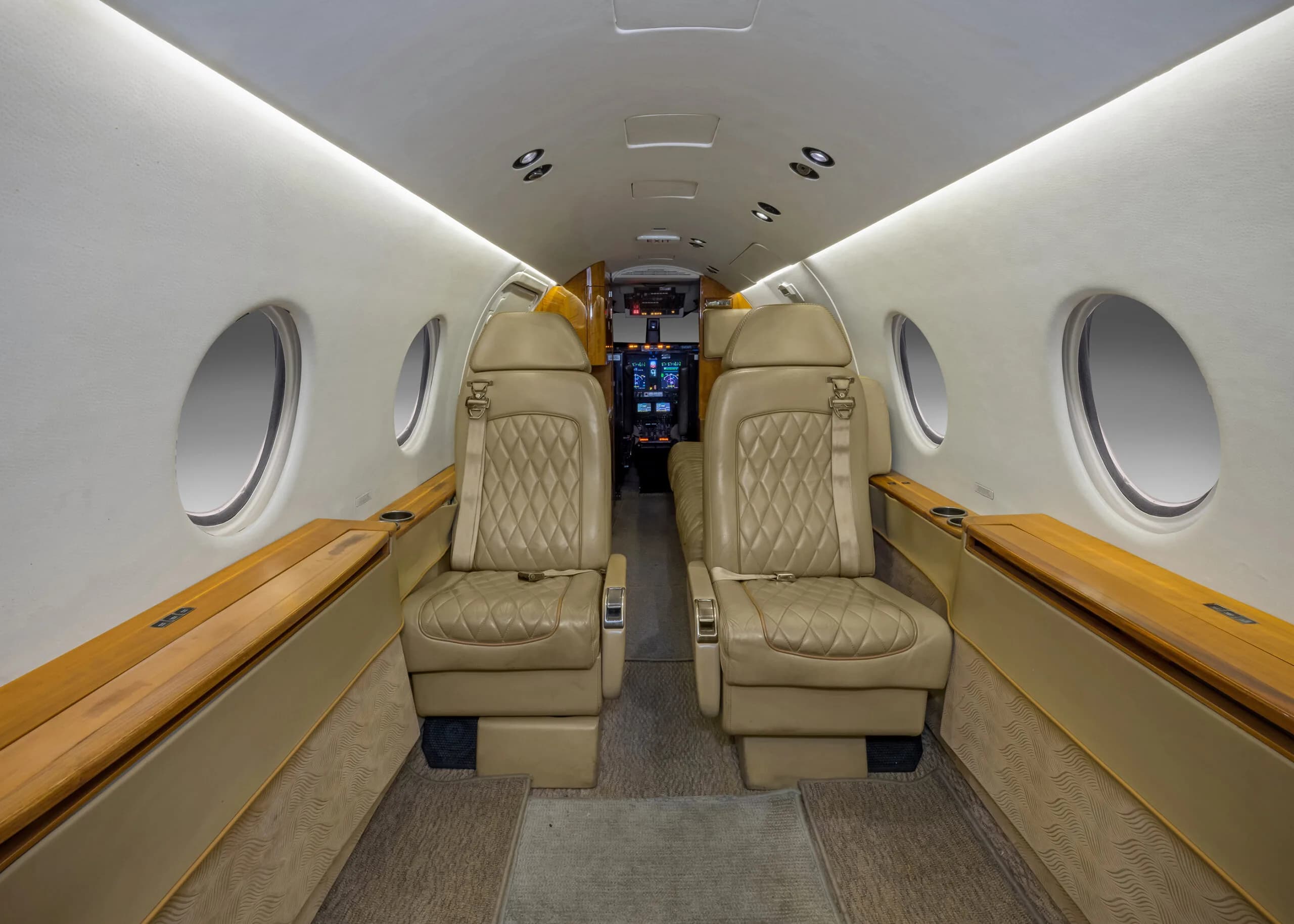Aircraft interior featuring tan leather seats and a view towards the cockpit.