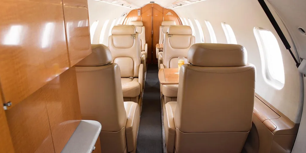 The aircraft cabin features tan leather seats and wood paneling, viewed from the front looking aft.