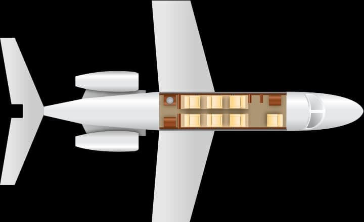 Overhead diagram of a Cessna Citation CJ1 cabin layout.