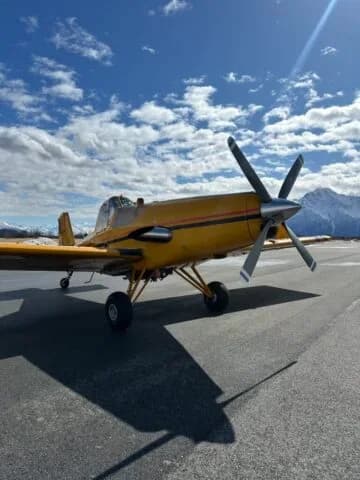 Three-quarter front view of a yellow crop duster aircraft on an airfield under a blue sky with clouds and snowy mountains.