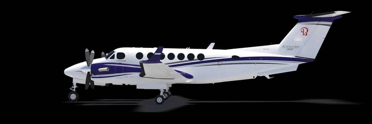 A white and purple King Air 350i is shown in profile against a black background.