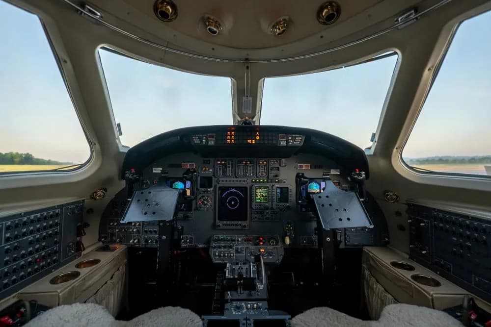 The cockpit of a private jet, showing the instrument panel, controls, and a view of the runway ahead.