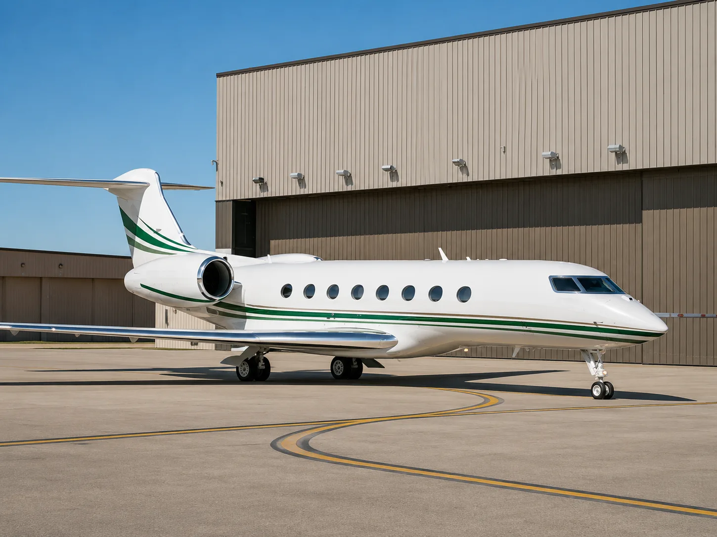 A white Gulfstream business jet with green and gold stripes is parked on an asphalt apron in front of a hangar under a clear blue sky.