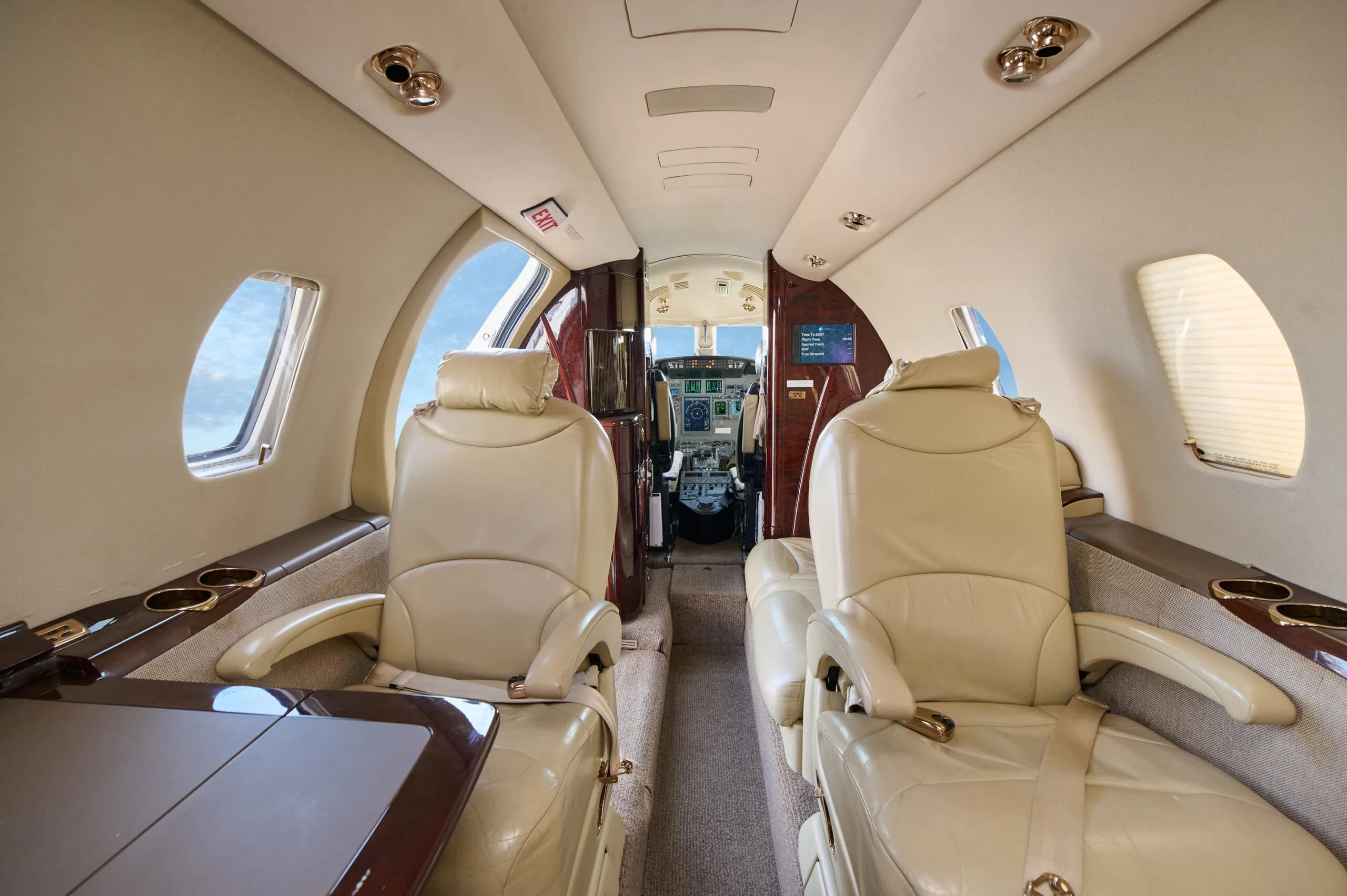 View of the Cessna Citation CJ3 cabin looking towards the cockpit.