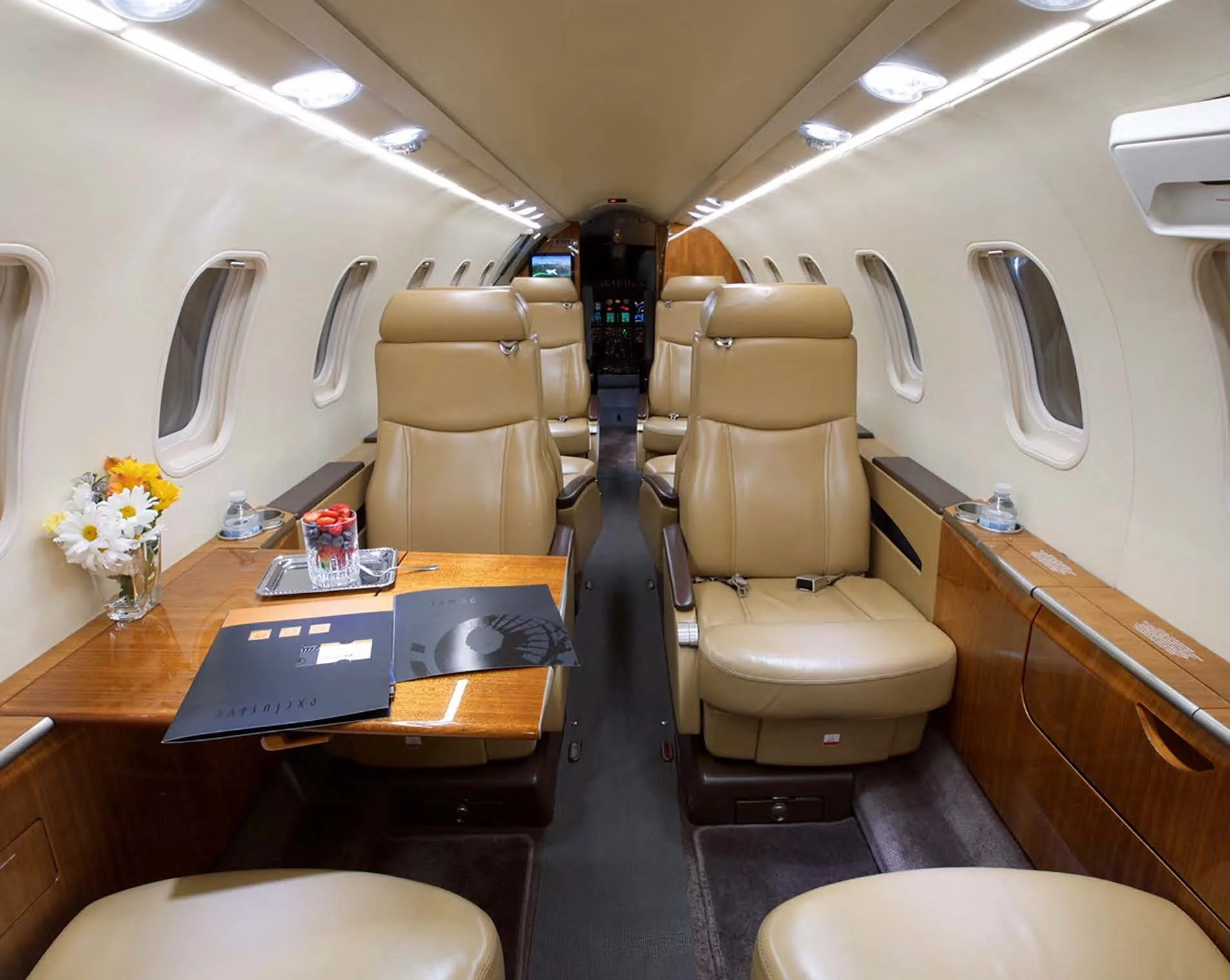 Aircraft cabin interior with leather seats, tables, and refreshments.
