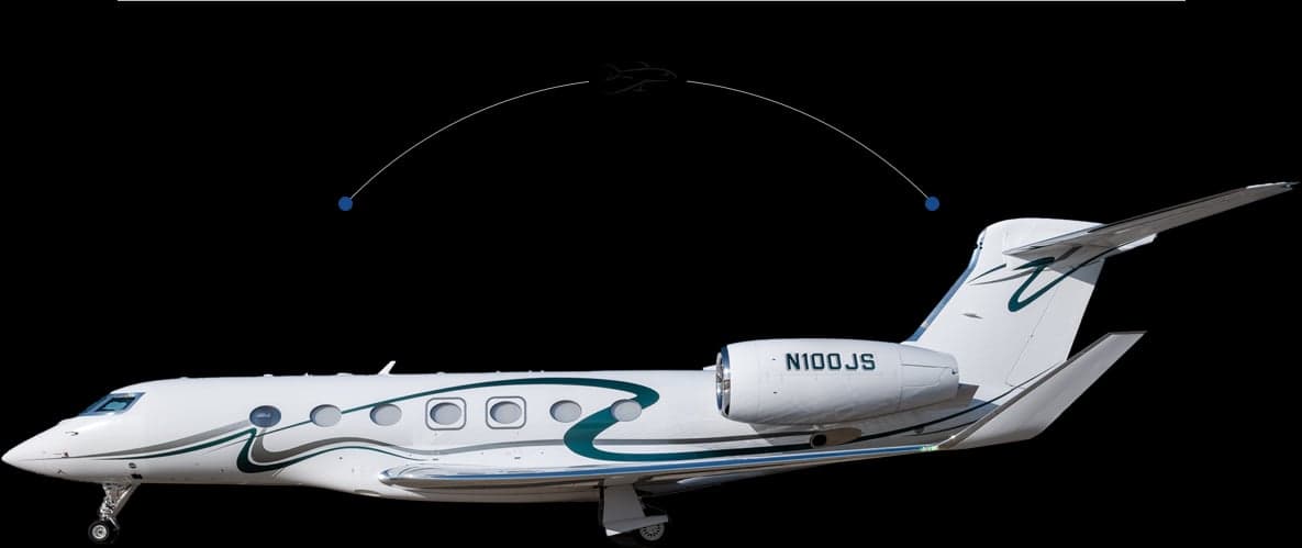 Gulfstream aircraft N100JS with a white and green paint scheme against a black background with an arc graphic.