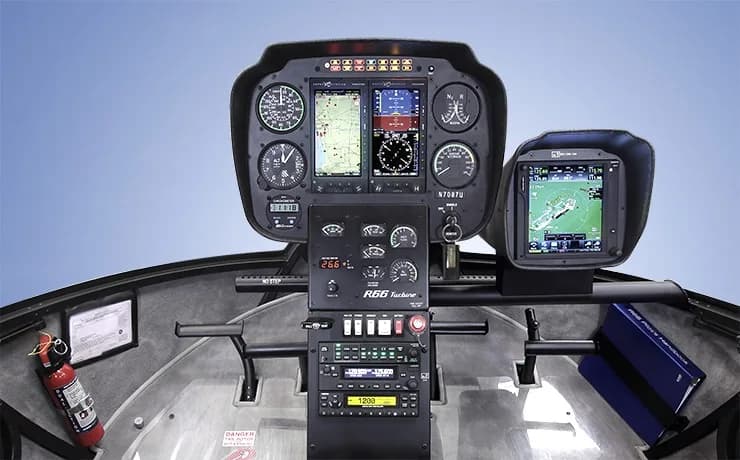 The instrument panel of a Robinson R66 Turbine helicopter.