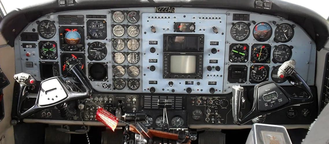 Detailed view of the instrument panel in a Beechcraft King Air.