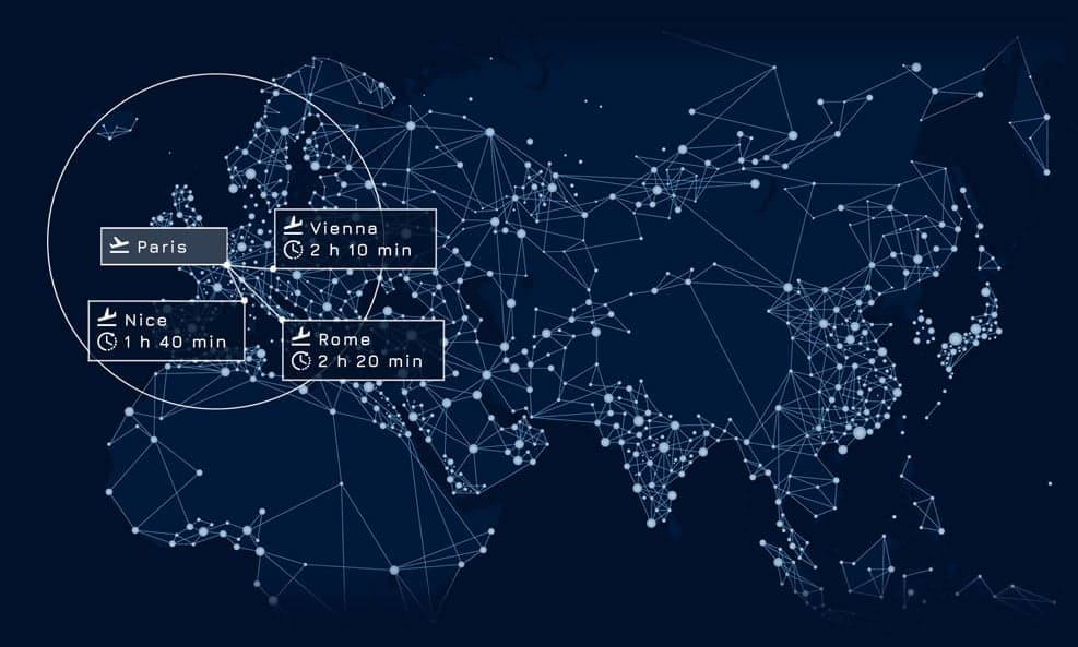 A blue and white Piaggio Avanti EVO aircraft on a black background.