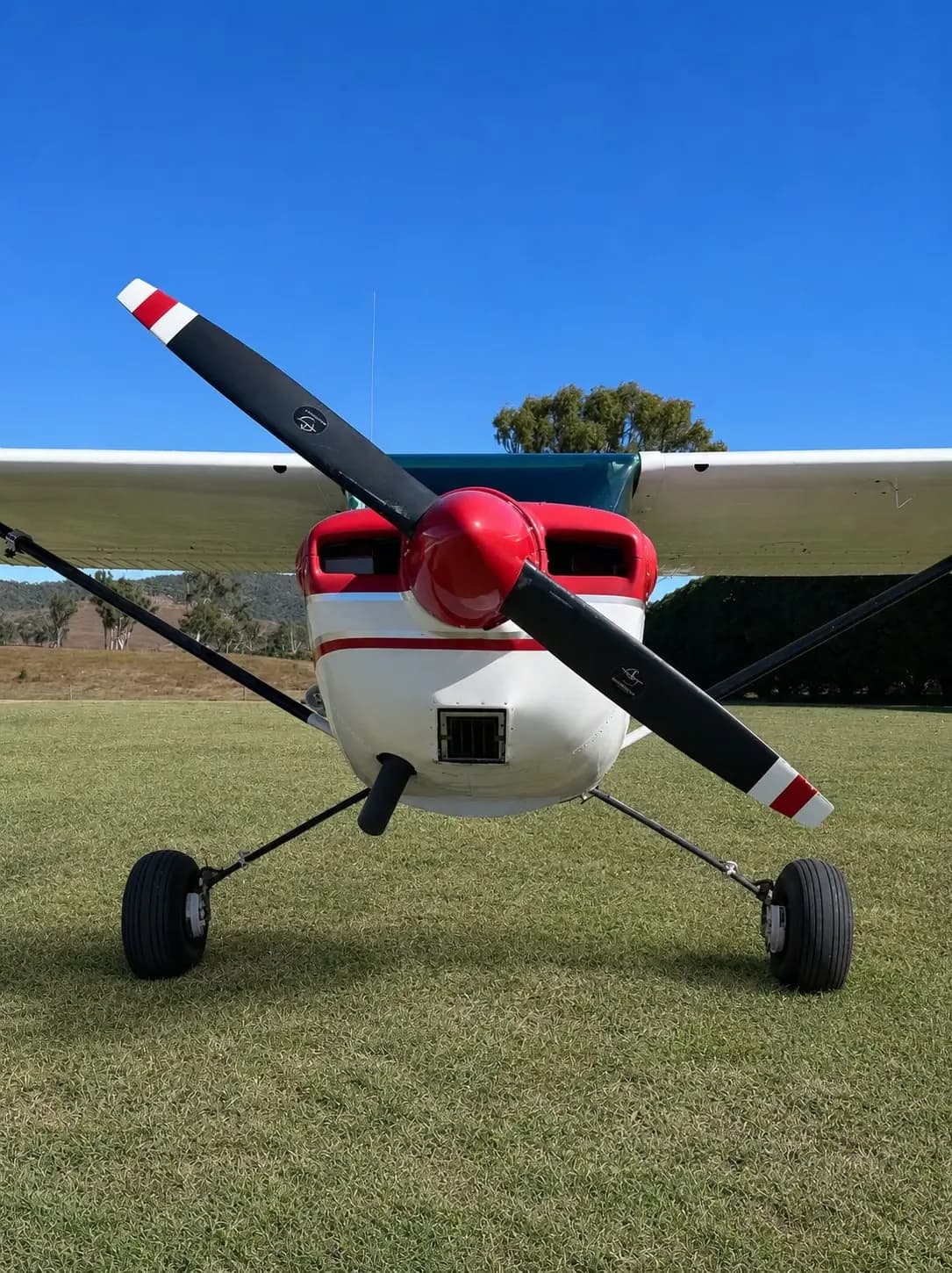 A front view of a red and white single-engine propeller aircraft with a black propeller, parked on a grassy field.