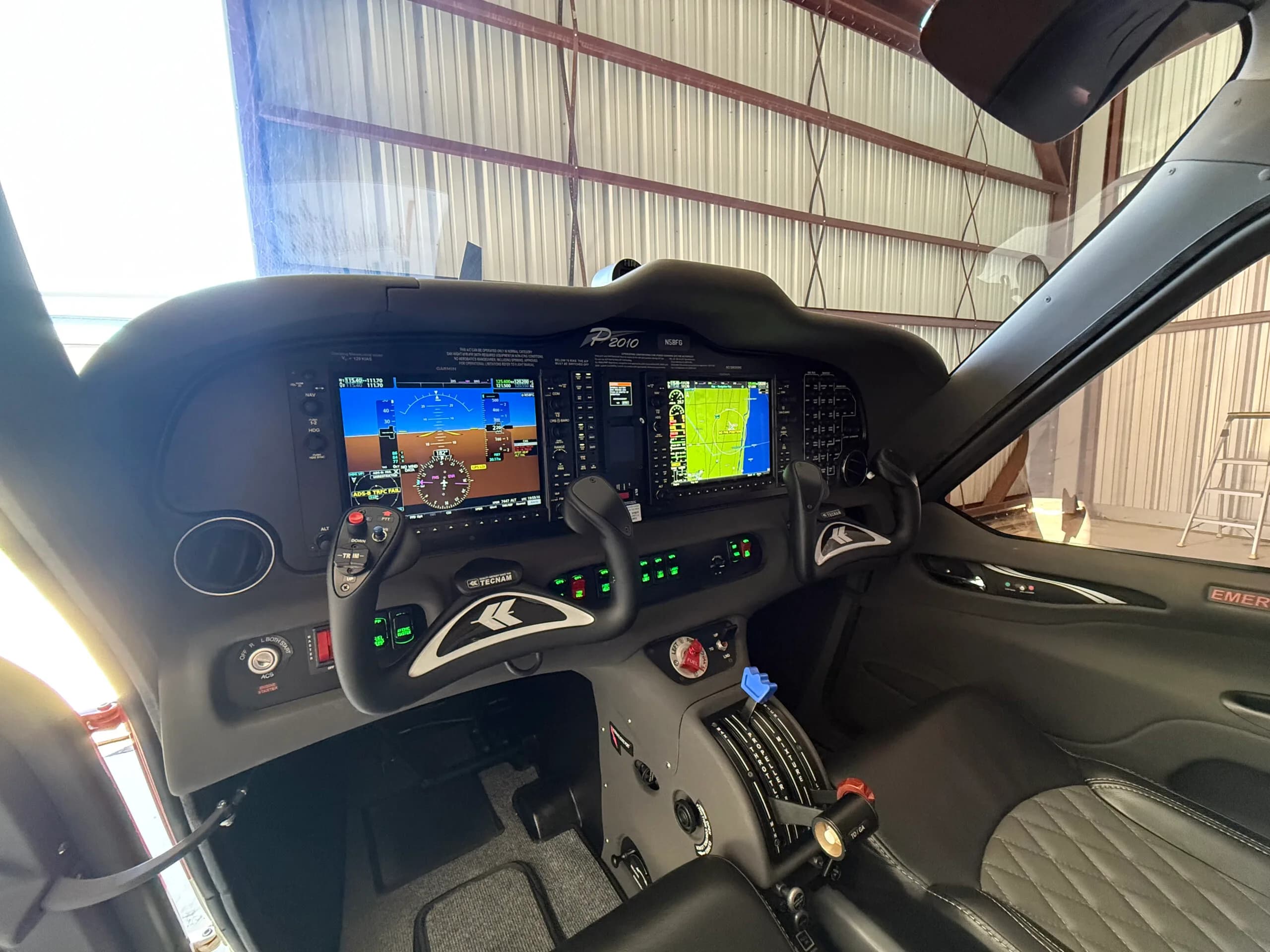 View of the aircraft's cockpit instrument panel and controls.