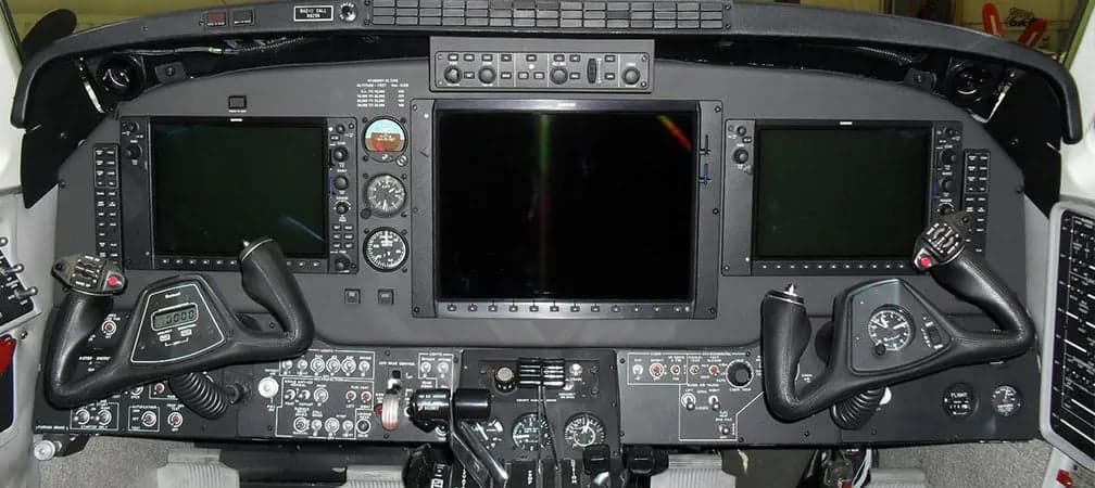 The instrument panel of the aircraft cockpit.