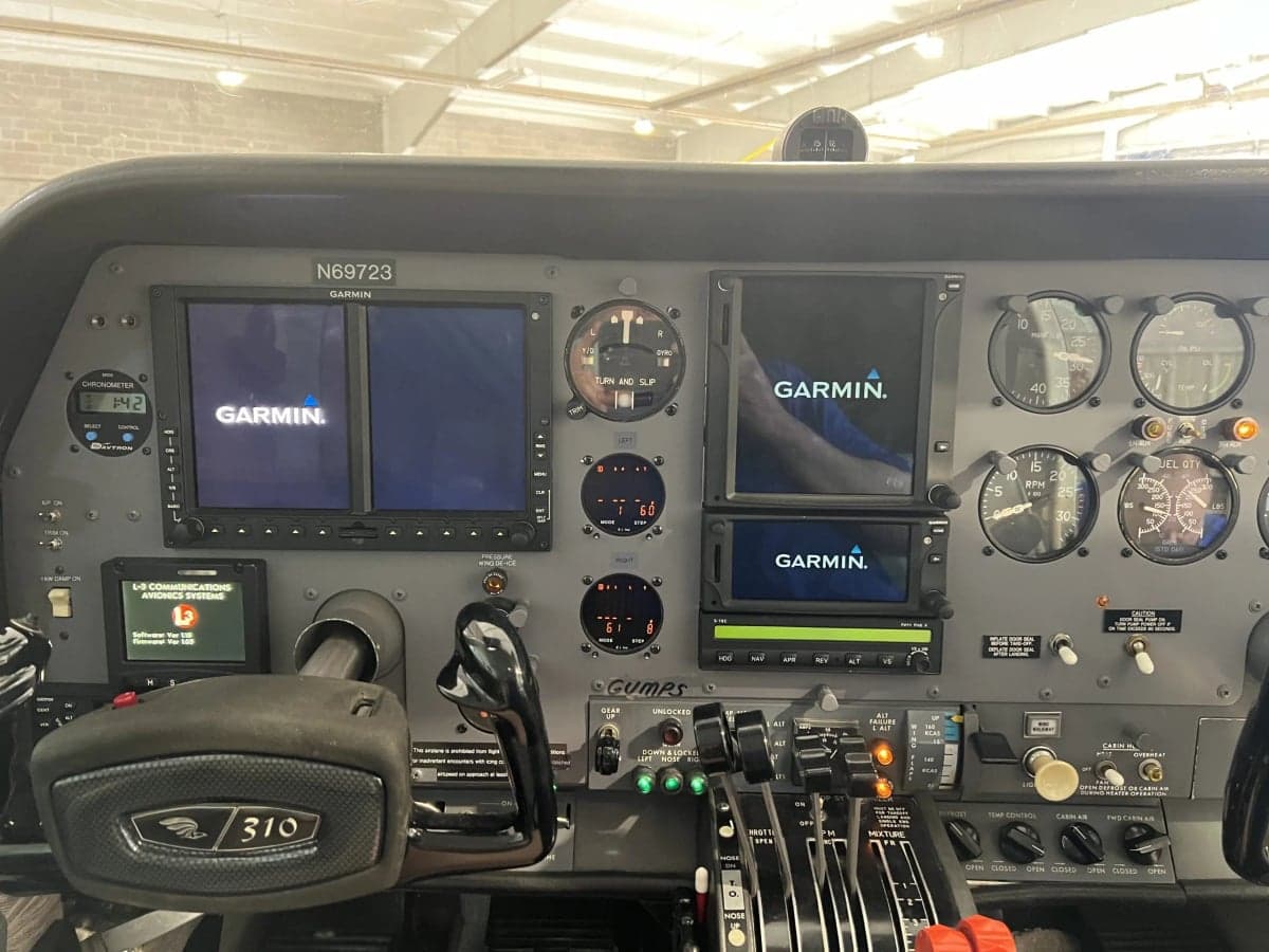 Full view of the cockpit with Garmin avionics and tail number N69723.