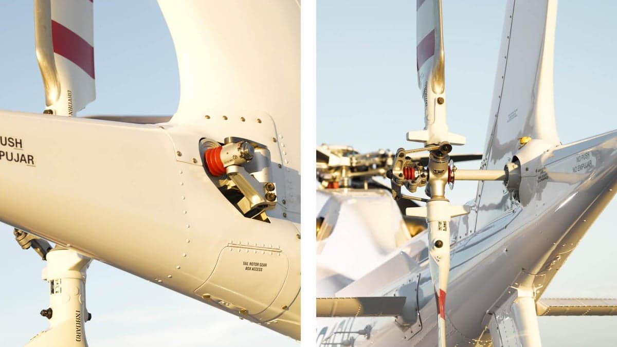 Two views of the tail rotor and tail section of the AgustaWestland AW119 Koala helicopter.