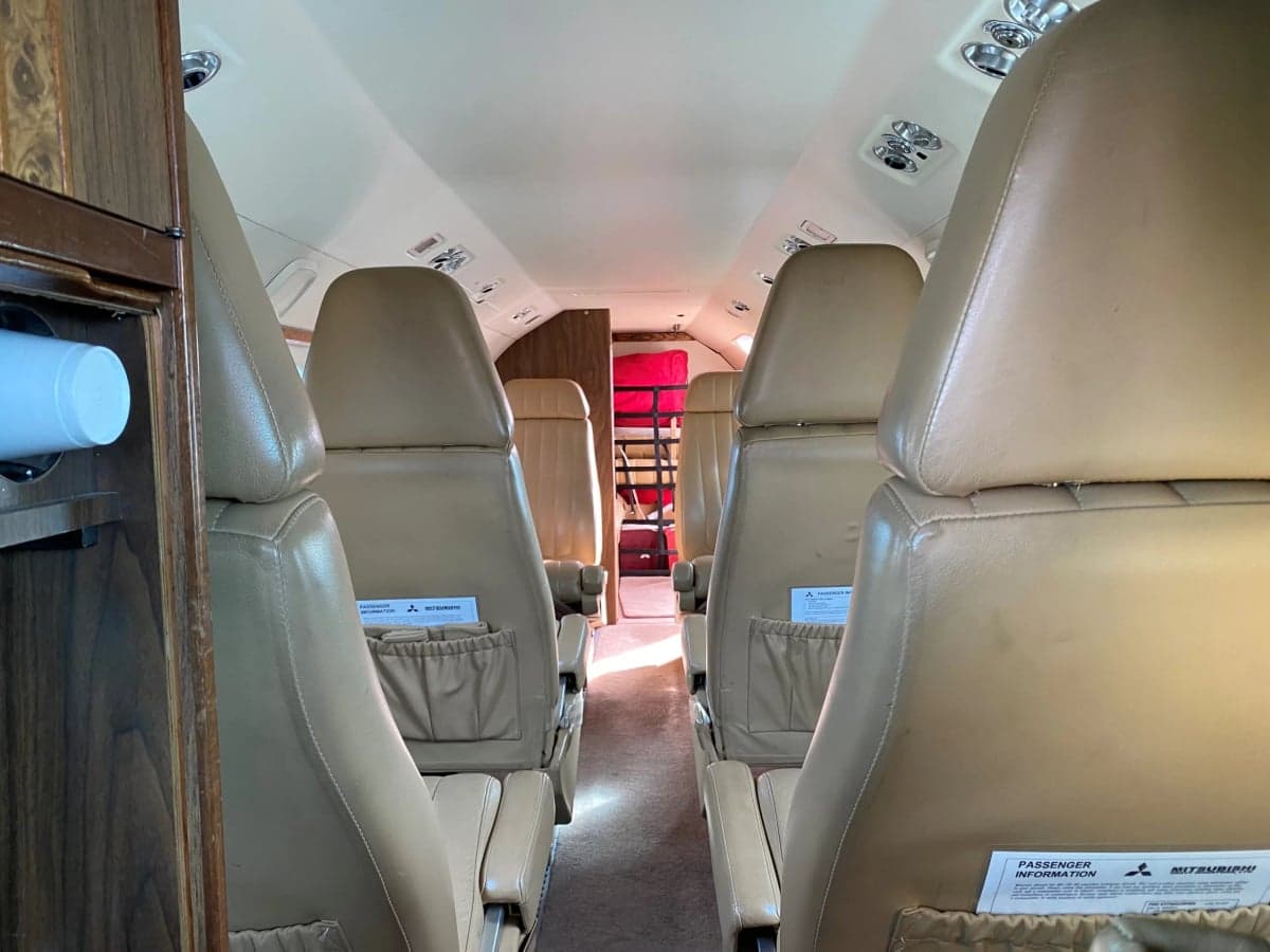 View of the cabin seats inside the Mitsubishi MU-300 Diamond.