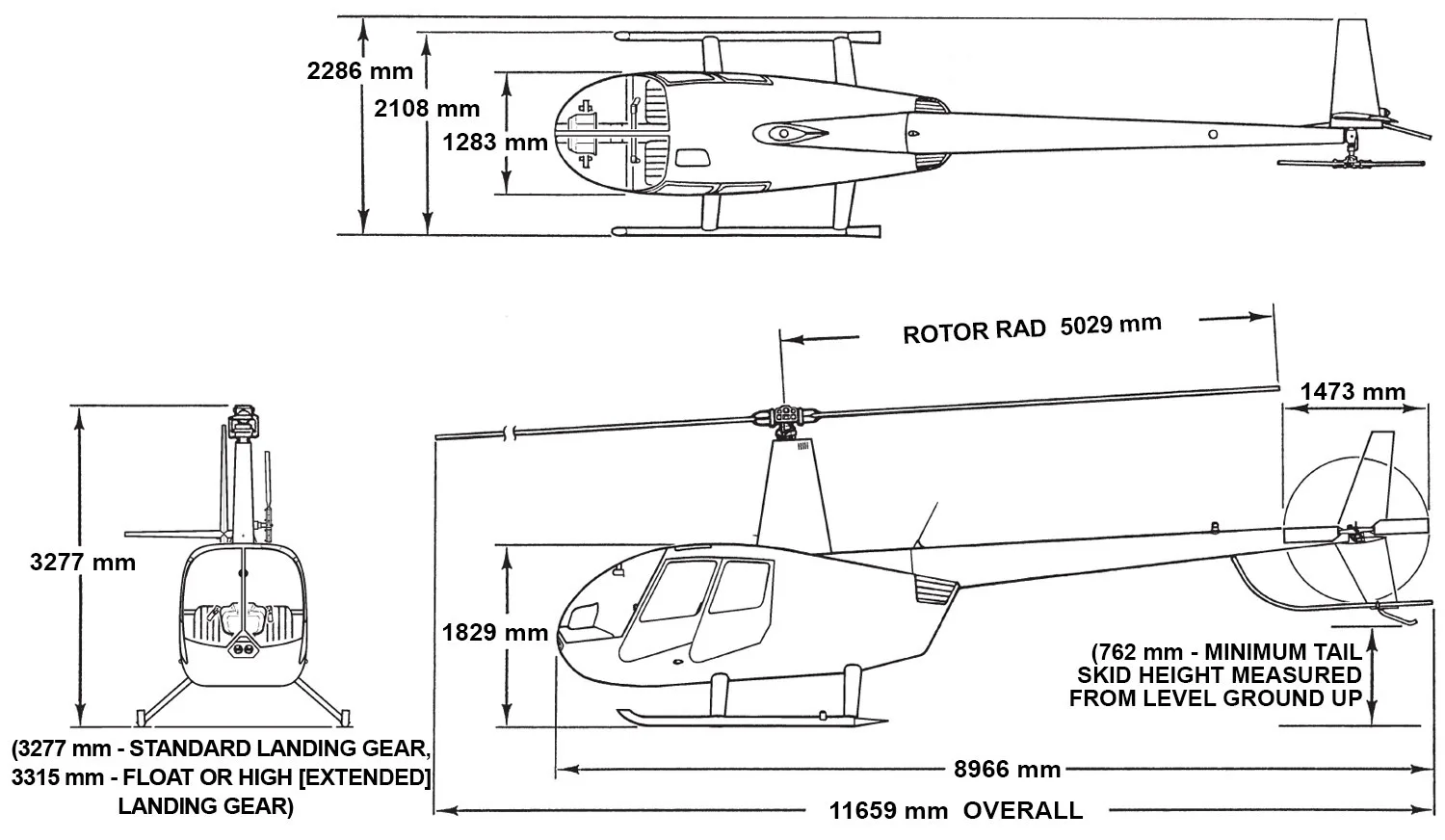 A diagram showing the dimensions of a Robinson R44 helicopter.