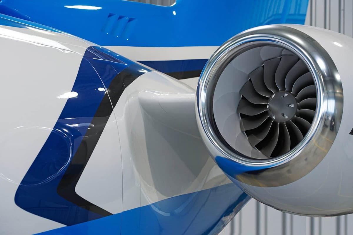 Close up of a Pilatus PC-24 engine and paint scheme.