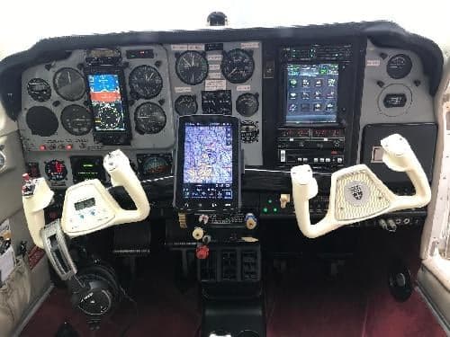 View of the aircraft's instrument panel and yokes.