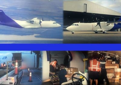A collage of ATR 42 aircraft in various settings, including cargo loading.
