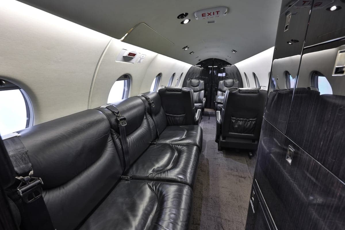 The Hawker 400XP cabin features comfortable seating and a spacious layout.