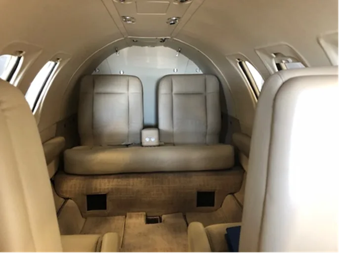 Interior view of the aircraft's seating area.