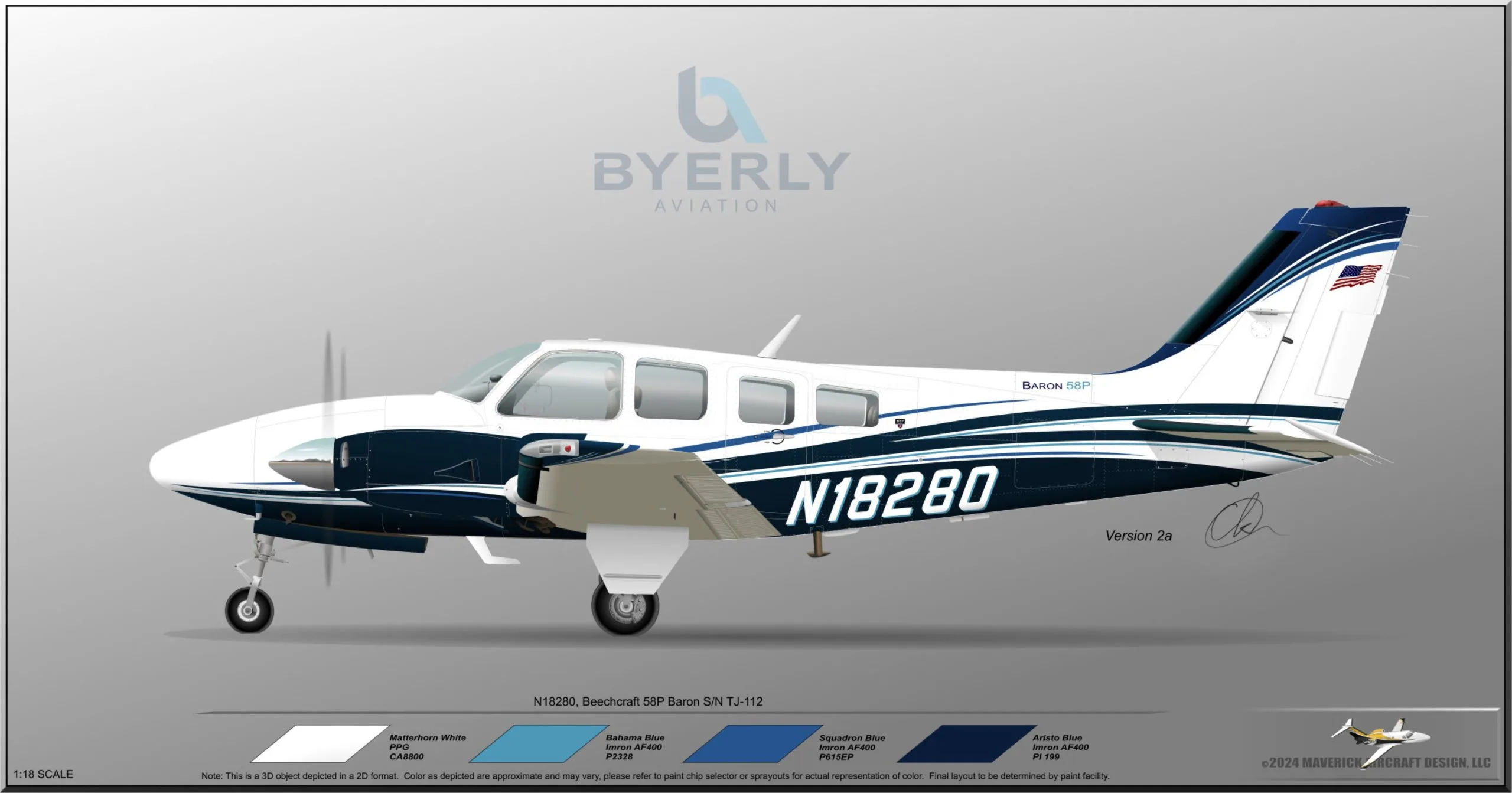 A side view rendering of a Beechcraft 58P Baron, tail number N18280, in a white and dark blue paint scheme with color swatches.
